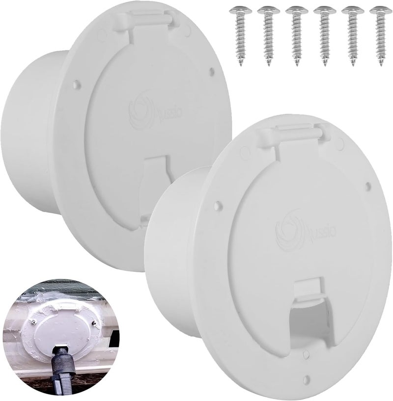 Aussio (2-Pack, White RV Hatch Covers Round Electric Cable Hatch for RV Camper Trailer Motorhome Power Cord Hatch Cover with Screws RV Accessories Power Cord Cable Hatch - Image 1